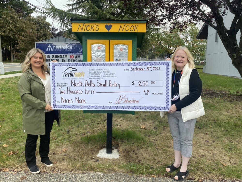 Raven Supply donation cheque to North Delta Small Pantry